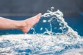 Legs and barefoot kicking and splashing water in the pool