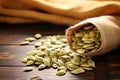 closeup image of raw pumpkin seeds on a wooden table Royalty Free Stock Photo