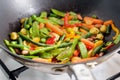 Closeup image of roasting mexican vegetables mix in wok pan side view