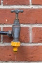 Running garden tap mounted on a brick wall Royalty Free Stock Photo