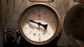 Closeup image of rusty manometer with analog dial. Royalty Free Stock Photo