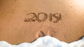 Closeup image of sea wave washing out 2019 New Year numbers from wet sand on sea beach. Concept of New Year, Christmas Royalty Free Stock Photo