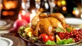 Closeup photo of tasty baked turkey with fresh vegetable on festive family dinner Royalty Free Stock Photo