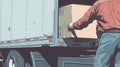 A closeup image of a truck driver loading products onto a trailer with a sign on the side of the truck reading