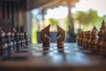 Two horses on wooden chessboard game Royalty Free Stock Photo