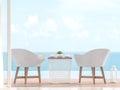 Closeup image of 2 white chairs with blurry sea view background 3d render