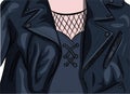 Closeup image of a woman wearing a leather jacket. Rocker girl wearing a fishnet shirt