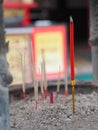 Incense burner incense stick in a pot on the spot, joss sticks with smoke for praying in Buddhism temple Royalty Free Stock Photo