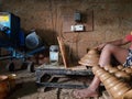 Closeup of Indian Child or kid pot making in a shed