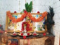 Closeup of Indian Puja Room Decorated with flowers during festival and family event Royalty Free Stock Photo