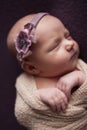 Closeup infant baby girl sleeping at background. Newborn and mothercare concept Royalty Free Stock Photo