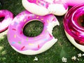 Closeup of inflatable tubes donut shape on green grass