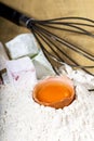 Closeup of ingredients for baking,egg,flour and jelly Royalty Free Stock Photo