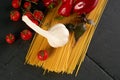 Closeup of ingredients for traditional italian cuisine - dry pasta Royalty Free Stock Photo