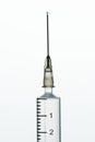 Closeup of injection syringe needle isolated on white background