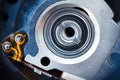 Closeup inside the hard drive, read write head actuator axis Royalty Free Stock Photo