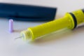 Closeup of a insulin injector of disposable type