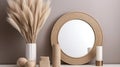 Closeup Interior design with round mirror, pampas grass in vase