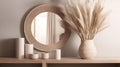 Closeup Interior design with round mirror, pampas grass in vase