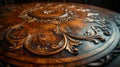 Closeup of the intricate carvings and etchings on the surface of an aged coffee table depicting the skilled