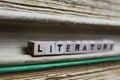 Closeup of isolated antique old book pile text blocks and yellowed pages with wooden alphabet cubes forming word literature Royalty Free Stock Photo