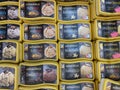 Closeup of isolated boxes frozen MÃÂ¶venpick ice cream in cooling counter