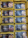 Closeup of isolated boxes frozen MÃÂ¶venpick ice cream in cooling counter