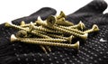 Closeup isolated image of a heap of yellow shiny metal screws on a hand in a black glove with a texture on a white background Royalty Free Stock Photo