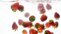Closeup isolated image of lots of fresh ripe raspberries falling and splashing in water Royalty Free Stock Photo