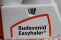 Closeup of isolated packet with corticosteroid inhaler spray budesonid easyhaler