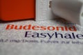 Closeup of isolated packet with corticosteroid inhaler spray budesonid easyhaler