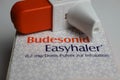 Closeup of isolated packet with corticosteroid inhaler spray budesonid easyhaler