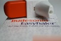Closeup of isolated packet with corticosteroid inhaler spray budesonid easyhaler