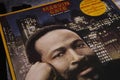 Closeup of isolated vinyl record cover of soul singer marvin gaye