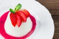 Closeup italian dessert Pannacotta with strawberries