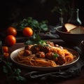 Closeup italian pasta concept spaghetti with tomato sauce and parmesan cheese in black plate Royalty Free Stock Photo