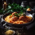 Closeup italian pasta concept spaghetti with tomato sauce and parmesan cheese in black plate Royalty Free Stock Photo