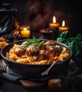 Closeup italian pasta concept spaghetti with tomato sauce and parmesan cheese in black plate Royalty Free Stock Photo