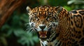 Closeup of a jaguars snarling face displaying resentment towards the encroachment of its habitat by human activities