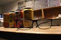 Closeup of Japanese Beer (Kirin, Suntory, Yebisu) and eyeglasses