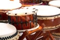 Closeup Japanese drums arrangement during a street festival.