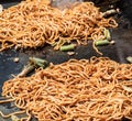 Closeup of the Japanese Yakisoba fried noodles texture in the process of cooking