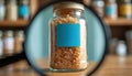 Closeup jar of coarse brown sugar viewed through magnifying glass. Empty blue label on container for text. Modern kitchen shelf Royalty Free Stock Photo