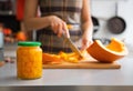 Closeup on jar of pickled pumpkin on table Royalty Free Stock Photo