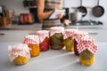 Closeup on jars of pickled vegetables and housewif Royalty Free Stock Photo