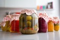 Closeup on jars of pickled vegetables on table Royalty Free Stock Photo