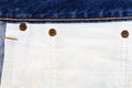 Closeup of blue jeans fabric with pocket. Wrong side