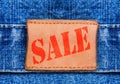 Closeup jeans leather label with text sale