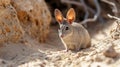 Closeup of a jerboas focused expression as it anticipates the movement of a nearby sand pile ready to make a daring