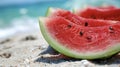 A closeup of a juicy watermelon slice ready to be devoured at a beach picnic